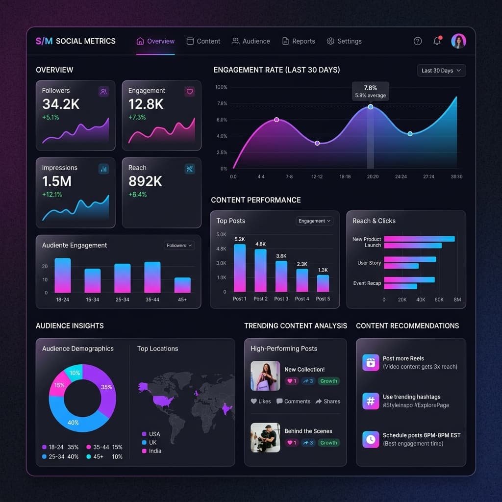 DGlytics Dashboard — engagement analytics, content performance, audience insights